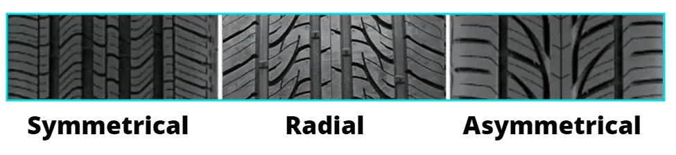 Symmetrical, radial, & asymmetrical tire tread patterns 